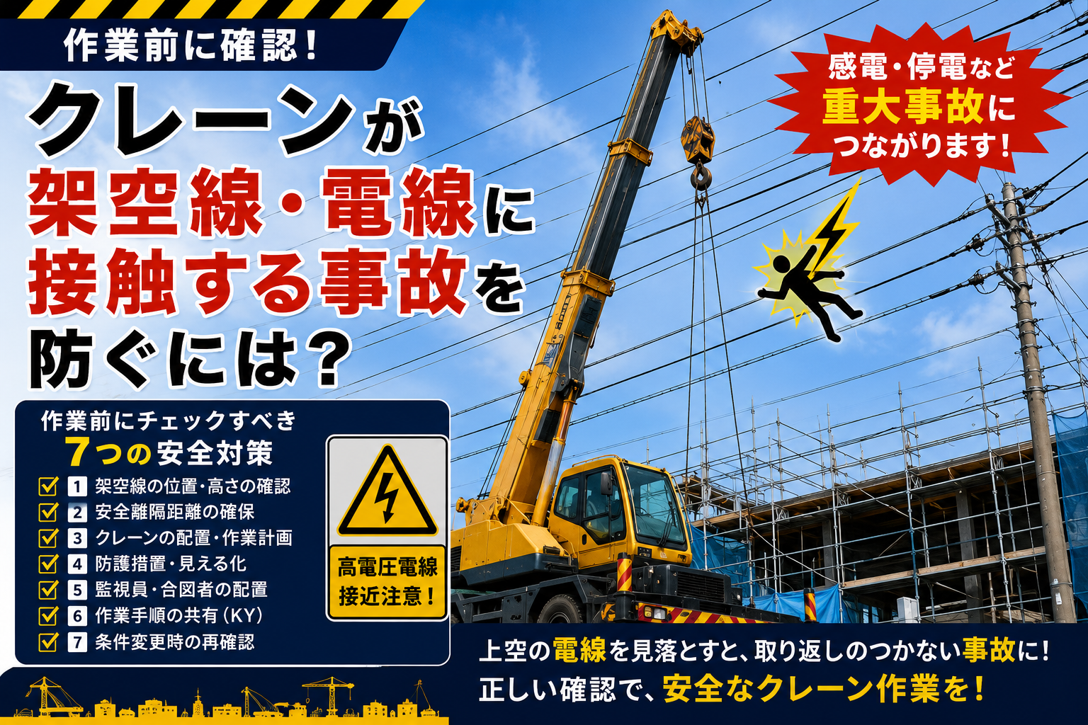 【新人施工管理向け】クレーンが架空線・電線に接触する事故を防ぐには?作業前に確認したい7つの安全対策