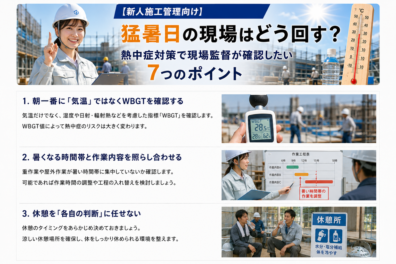 【新人施工管理向け】猛暑日の現場はどう回す?熱中症対策で現場監督が確認したい7つのポイント【2026年版】