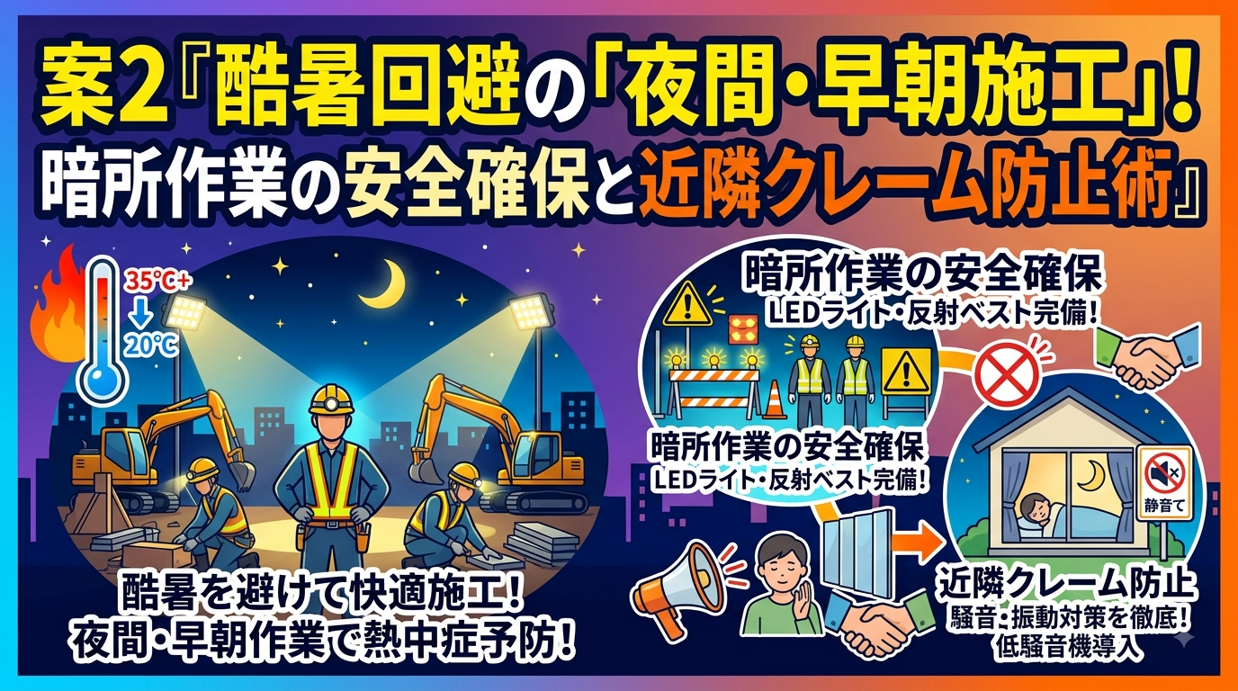 酷暑回避の「夜間・早朝施工」!暗所作業の安全確保と近隣クレーム防止術